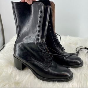 Joan David Black granny Boots Lace Up Leather Mid Calf 39.5 US 8.5